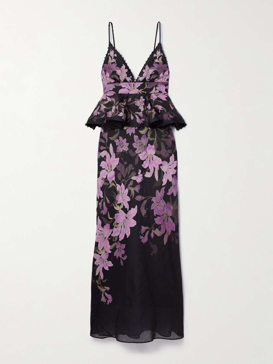 dawning bead-embellished floral-print linen and silk-blend peplum maxi dress