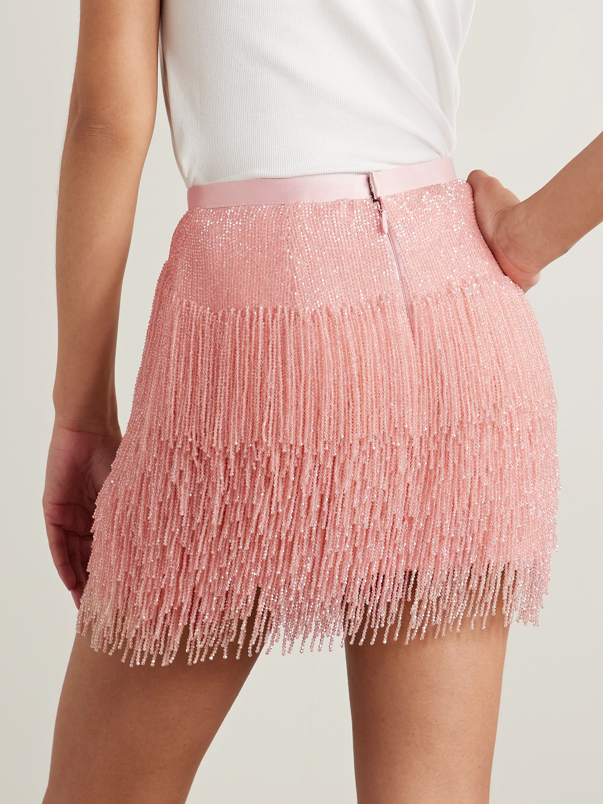 Wiederhoeft Fringed Beaded Silk-satin Mini Skirt In Pink