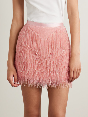 WIEDERHOEFT Fringed beaded silk-satin mini skirt
