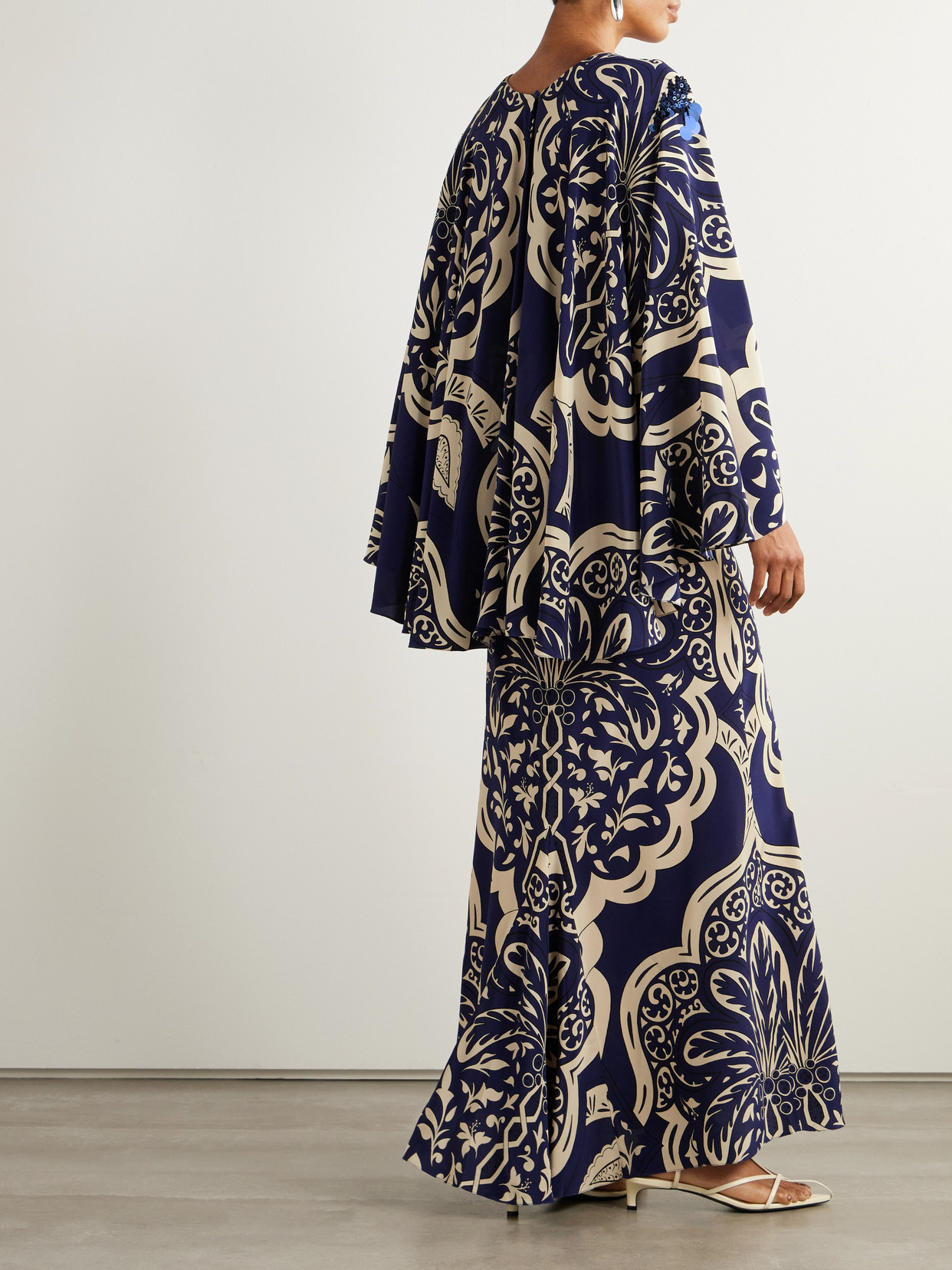 Johanna Ortiz Cape-effect Embellished Printed Silk-crepe Maxi Dress