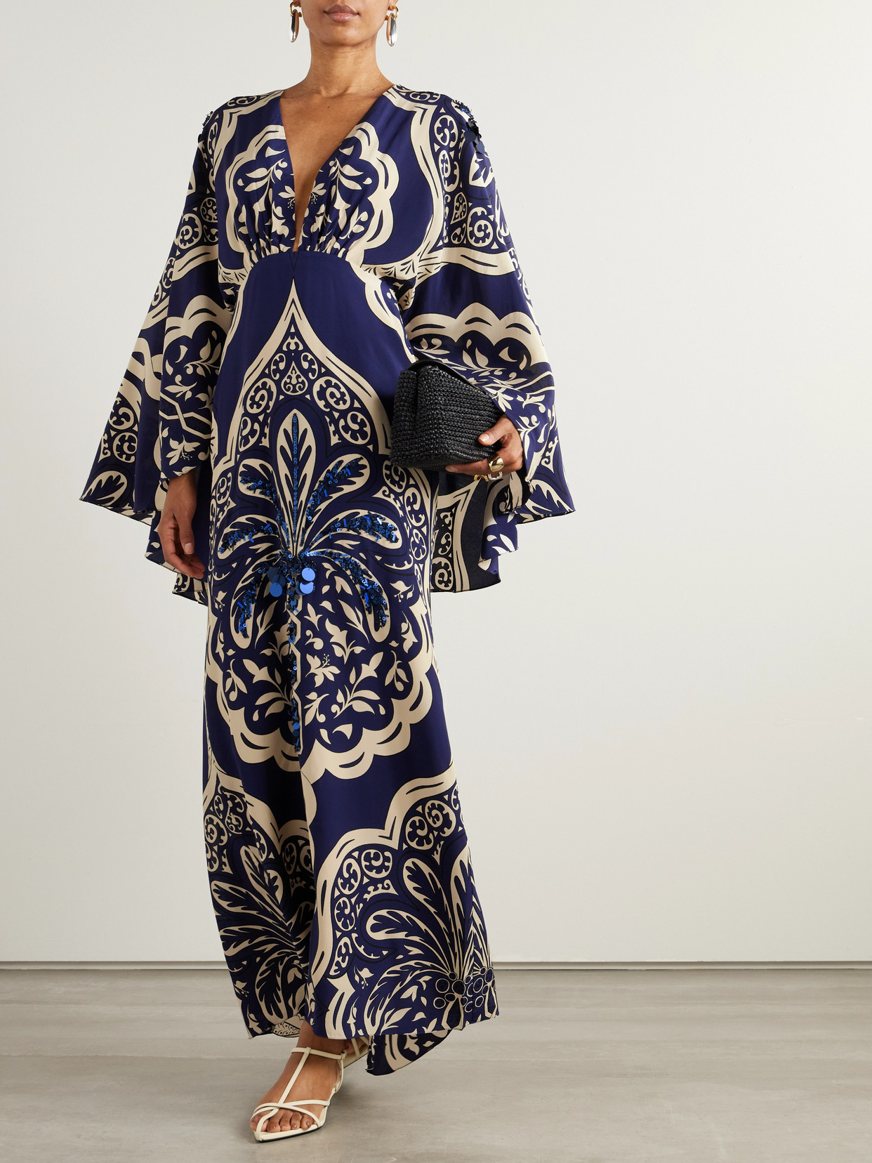 Johanna Ortiz Cape-effect Embellished Printed Silk-crepe Maxi Dress