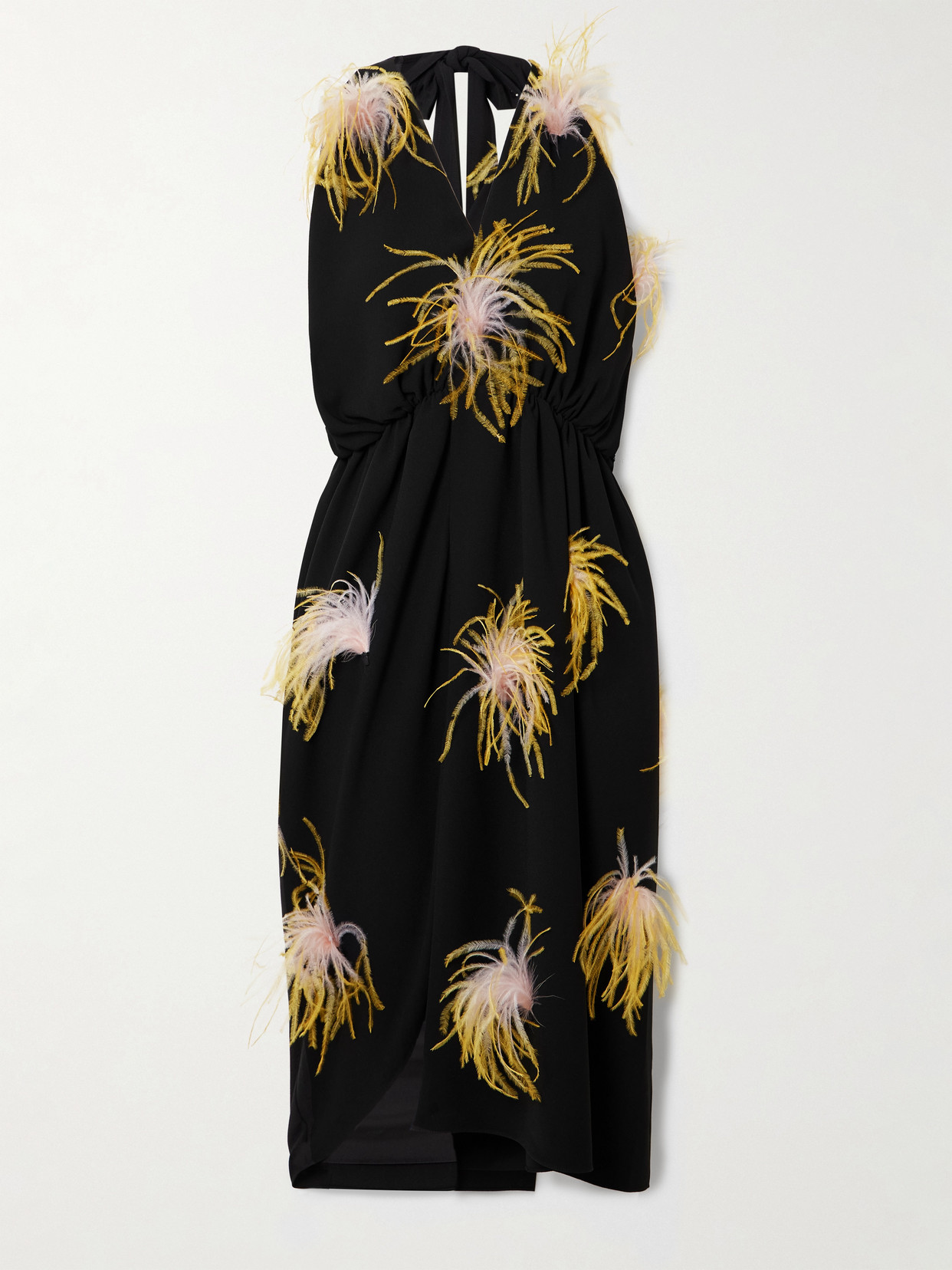 16arlington Vide Asymmetric Feather-trimmed Gathered Crepe Halterneck Dress In Black