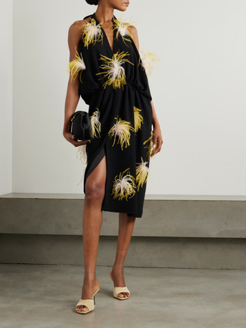 16Arlington Vide asymmetric feather-trimmed gathered crepe halterneck dress
