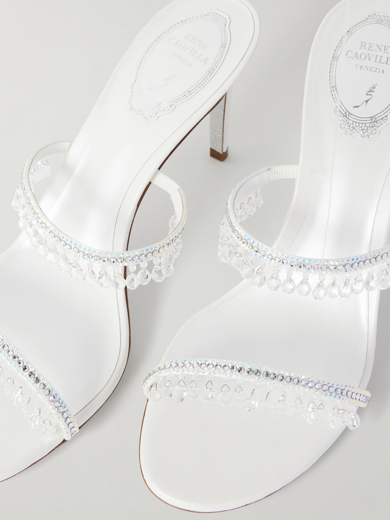 René Caovilla Chandelier 80 Crystal-embellished Mules In White