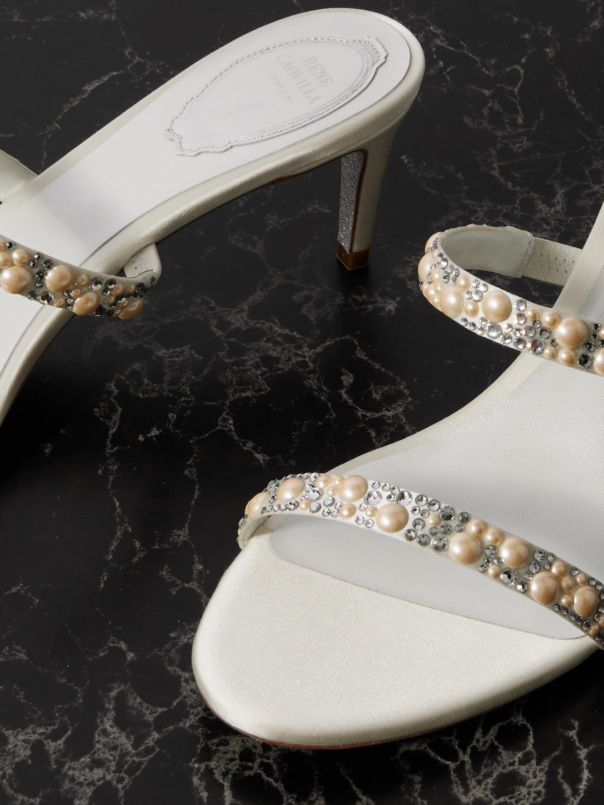 René Caovilla Embellished Satin Mules In White