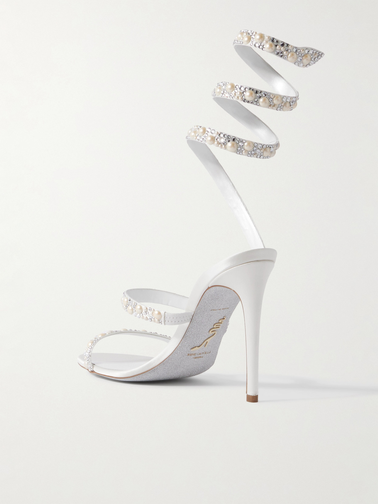 René Caovilla Chandelier Embellished Satin Sandals In White