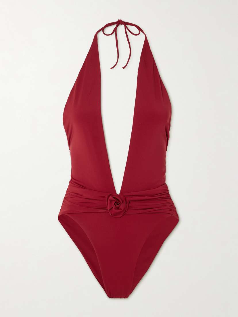 Maygel Coronel Ciprés Appliquéd Ruched Halterneck Swimsuit