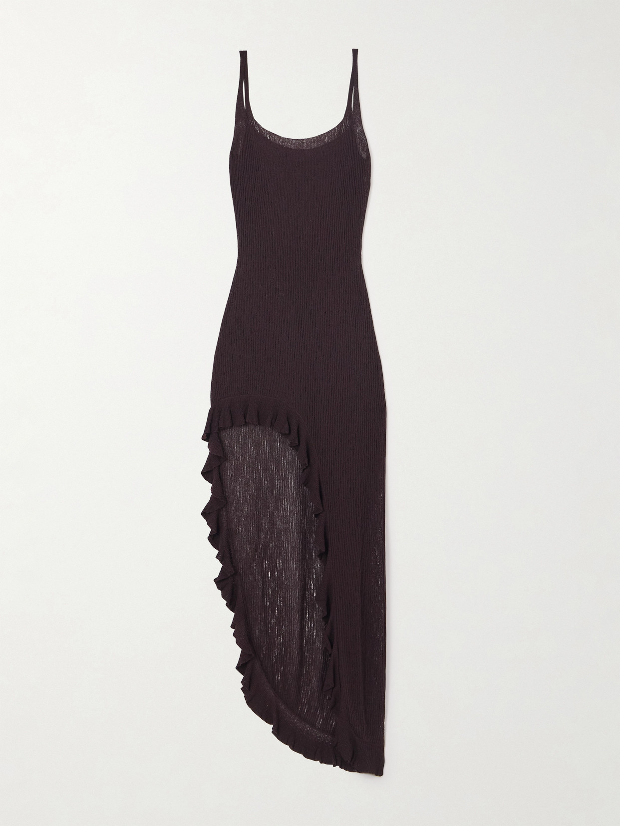 Maygel Coronel Isla Bonita Asymmetric Ruffled Ribbed-knit Maxi Dress In Brown