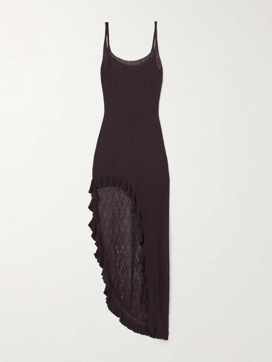 isla bonita asymmetric ruffled ribbed-knit maxi dress