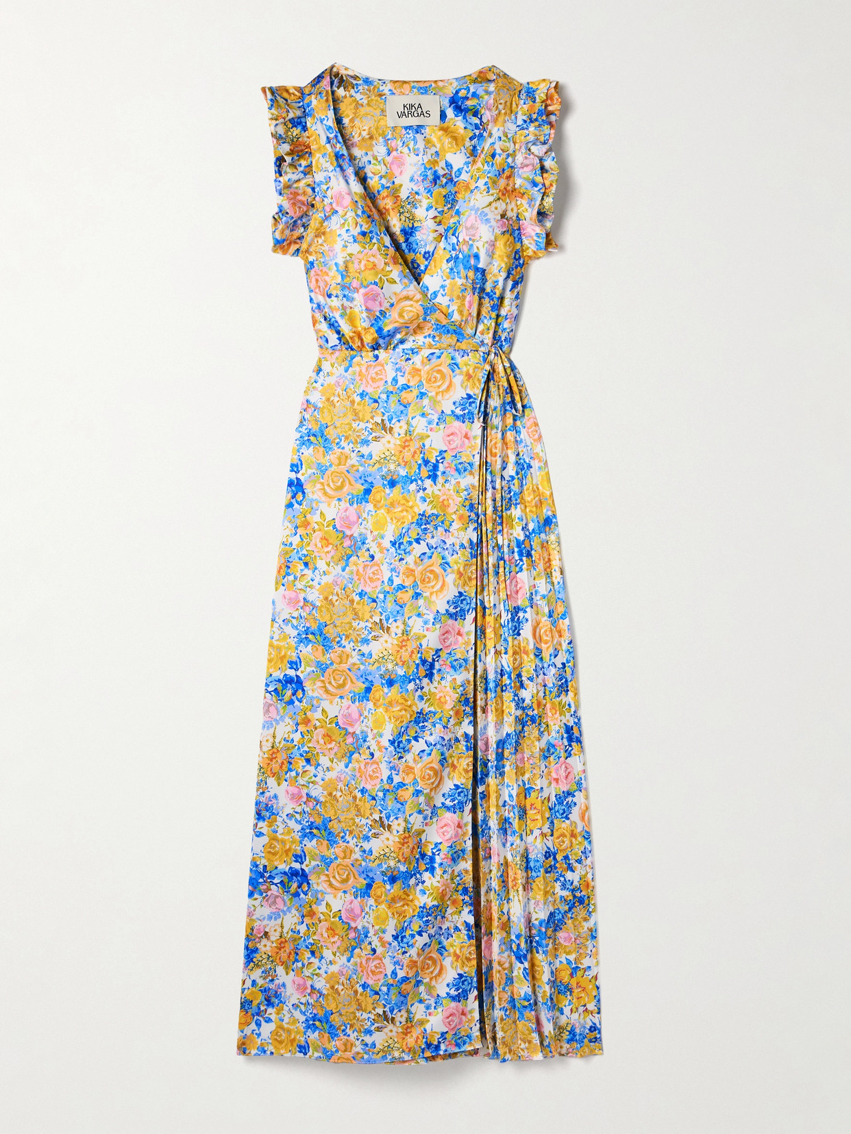 Kika Vargas Liana Pleated Ruffled Floral-print Satin Midi Wrap Dress In Blue