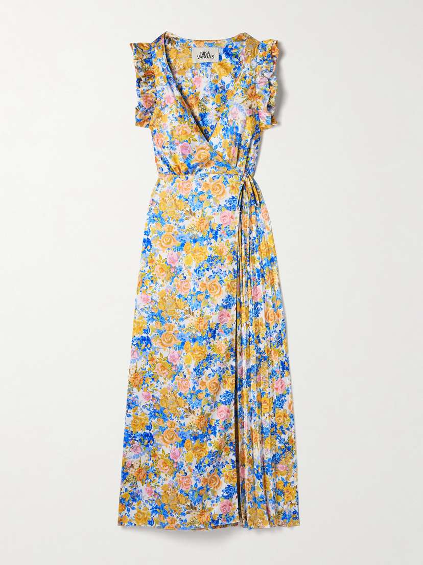 Kika Vargas Liana Pleated Ruffled Floral-print Satin Midi Wrap Dress