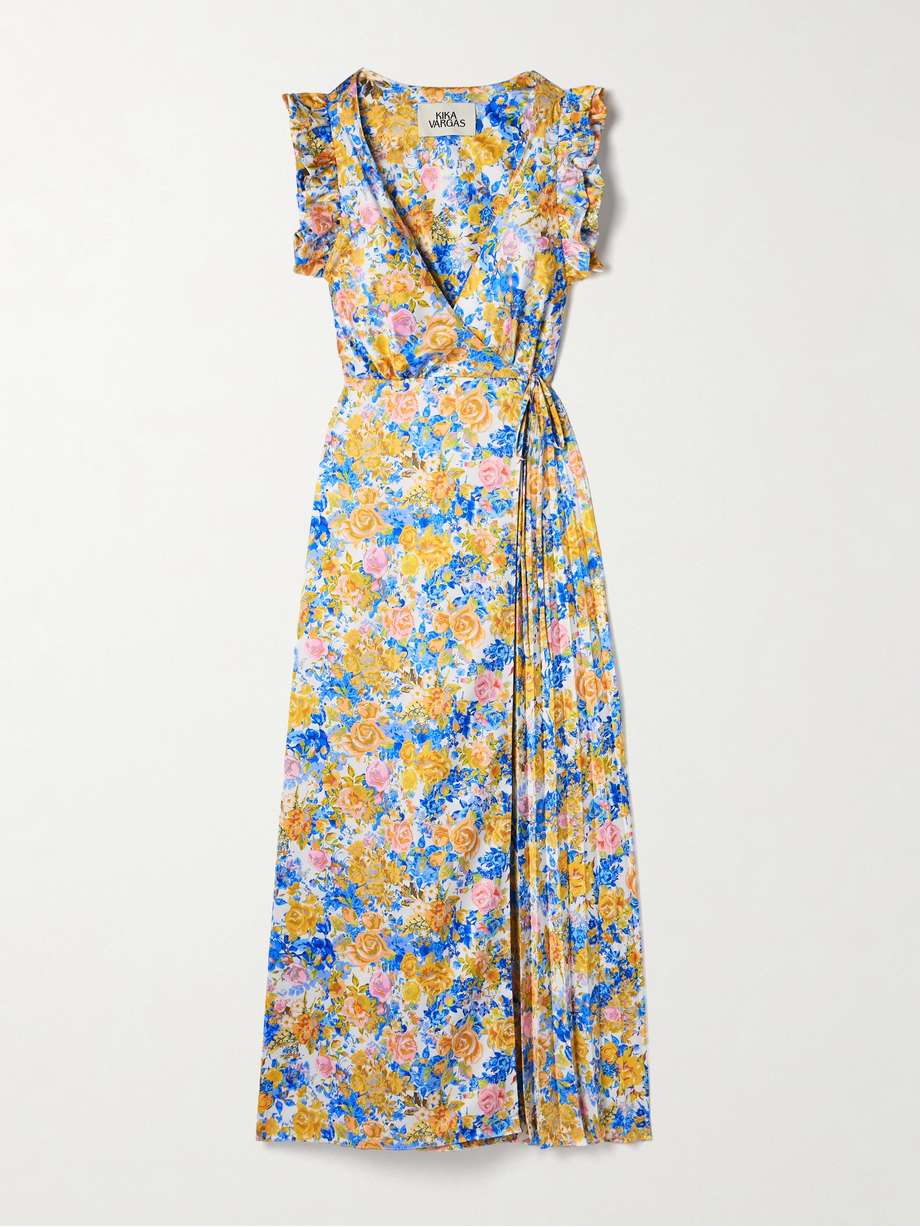 liana pleated ruffled floral-print satin midi wrap dress