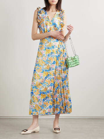 Kika Vargas Liana pleated ruffled floral-print satin midi wrap dress