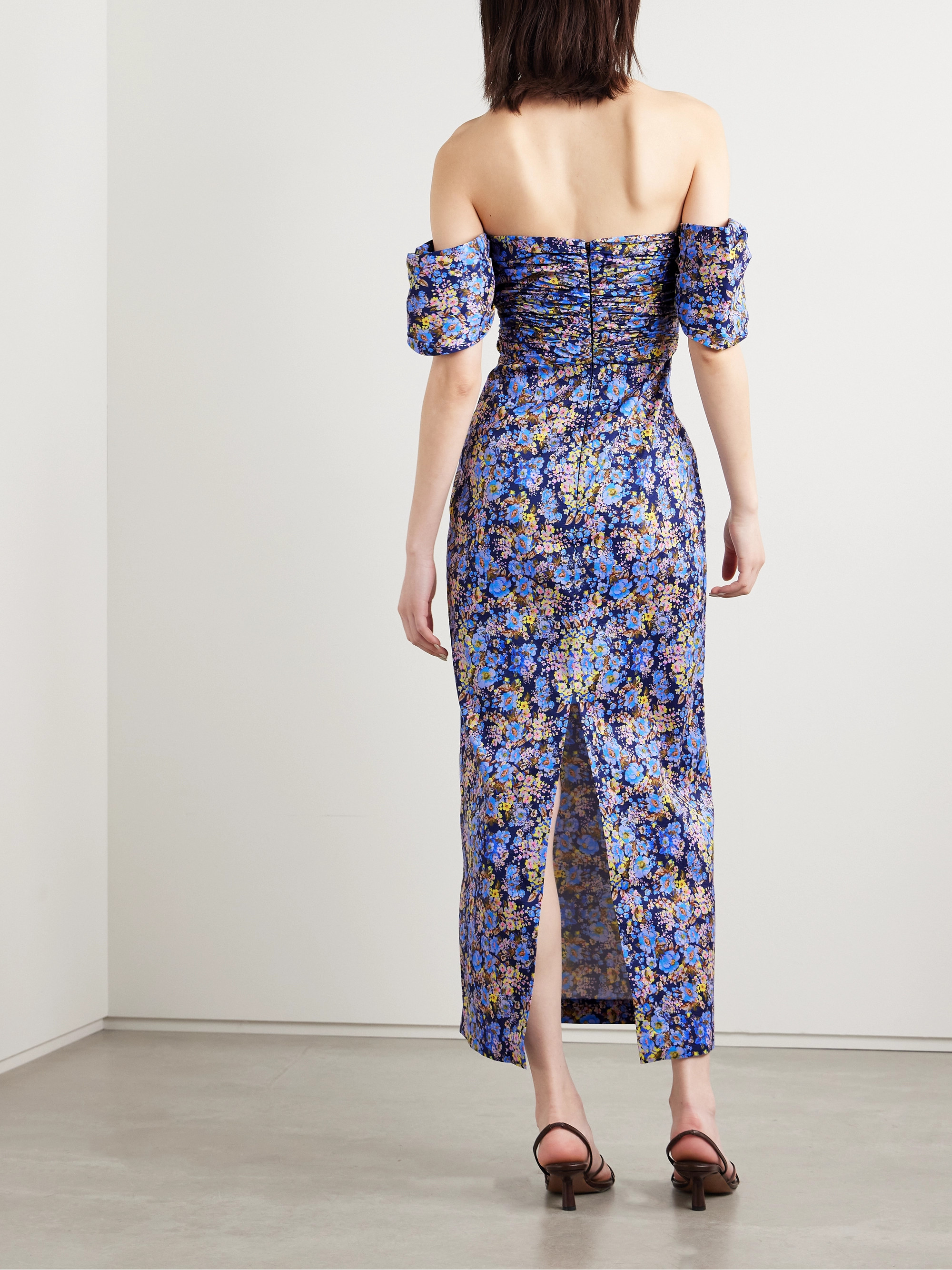 Kika Vargas Adele off-the-shoulder ruched floral-print taffeta midi dress thumbnail