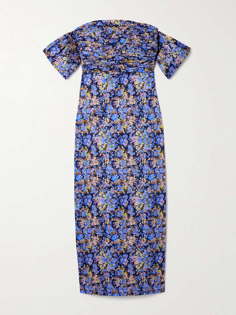 Kika Vargas Adele Off-the-shoulder Ruched Floral-print Taffeta Midi Dress