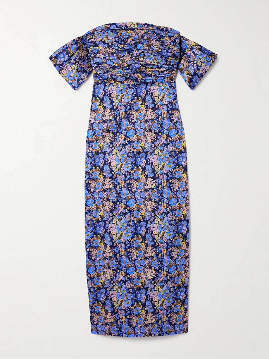 adele off-the-shoulder ruched floral-print taffeta midi dress