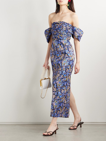 Kika Vargas Adele off-the-shoulder ruched floral-print taffeta midi dress