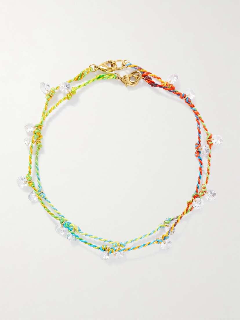 Roxanne Assoulin Mini Drip Drop Set Of Two Gold-tone, Cord And Crystal Anklets