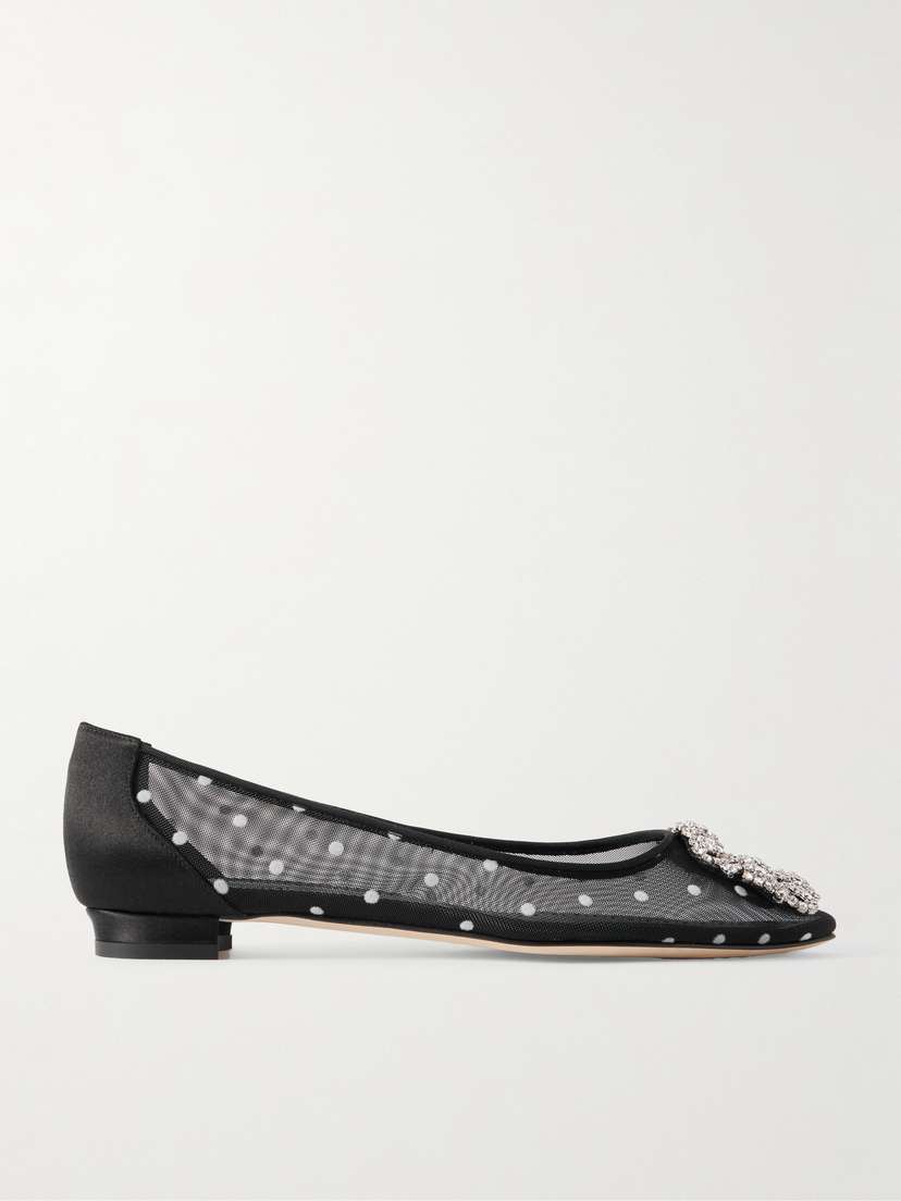 Manolo Blahnik Hangisiflat Satin-trimmed Crystal-embellished Flocked Mesh Point-toe Ballet Flats