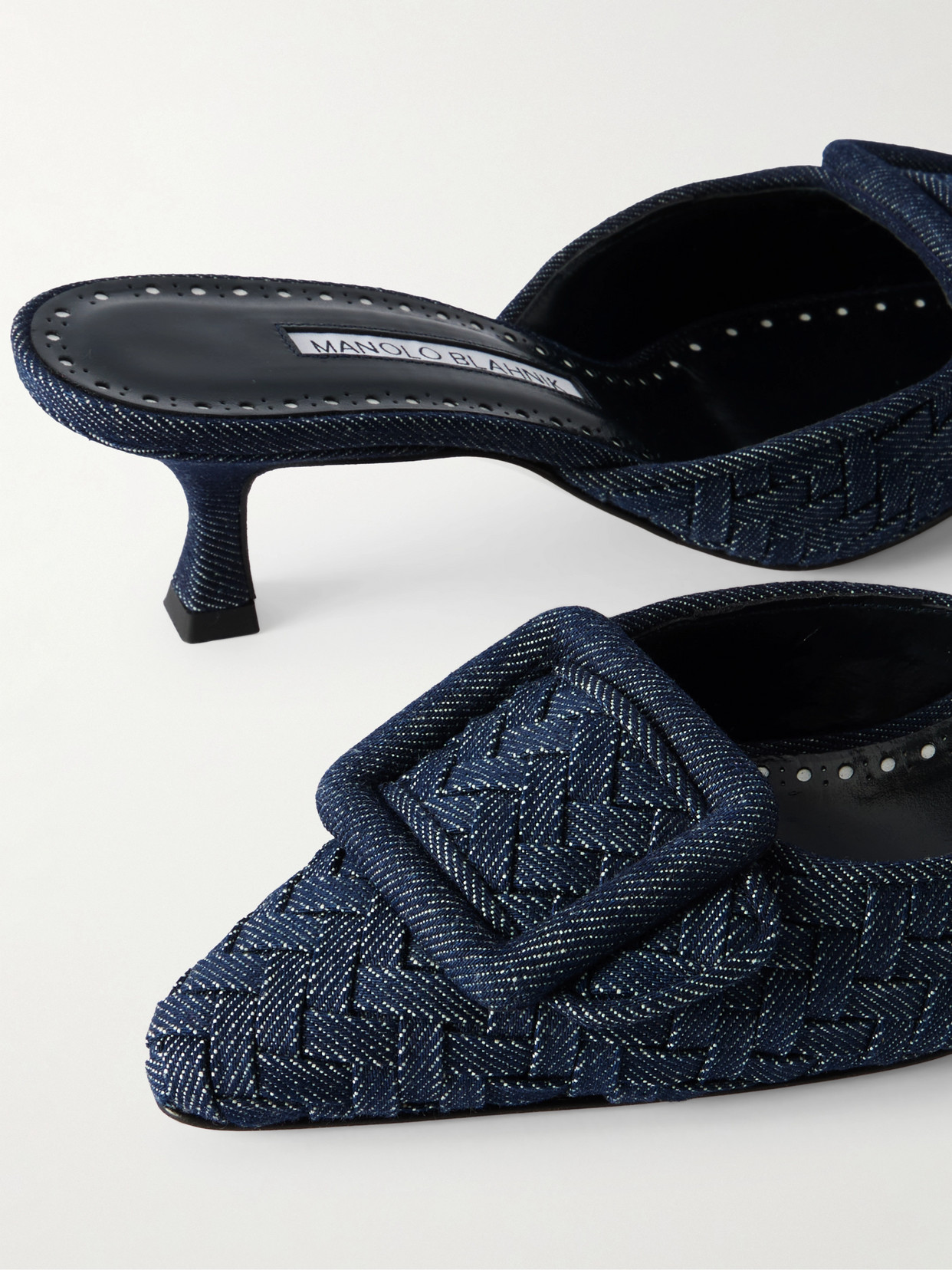 Manolo Blahnik Maysale 50 Buckled Denim Mules