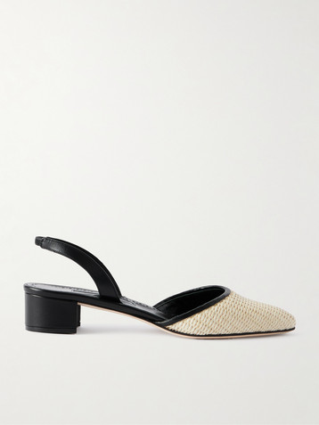 MANOLO BLAHNIK Raffro 30 leather-trimmed raffia slingback pumps