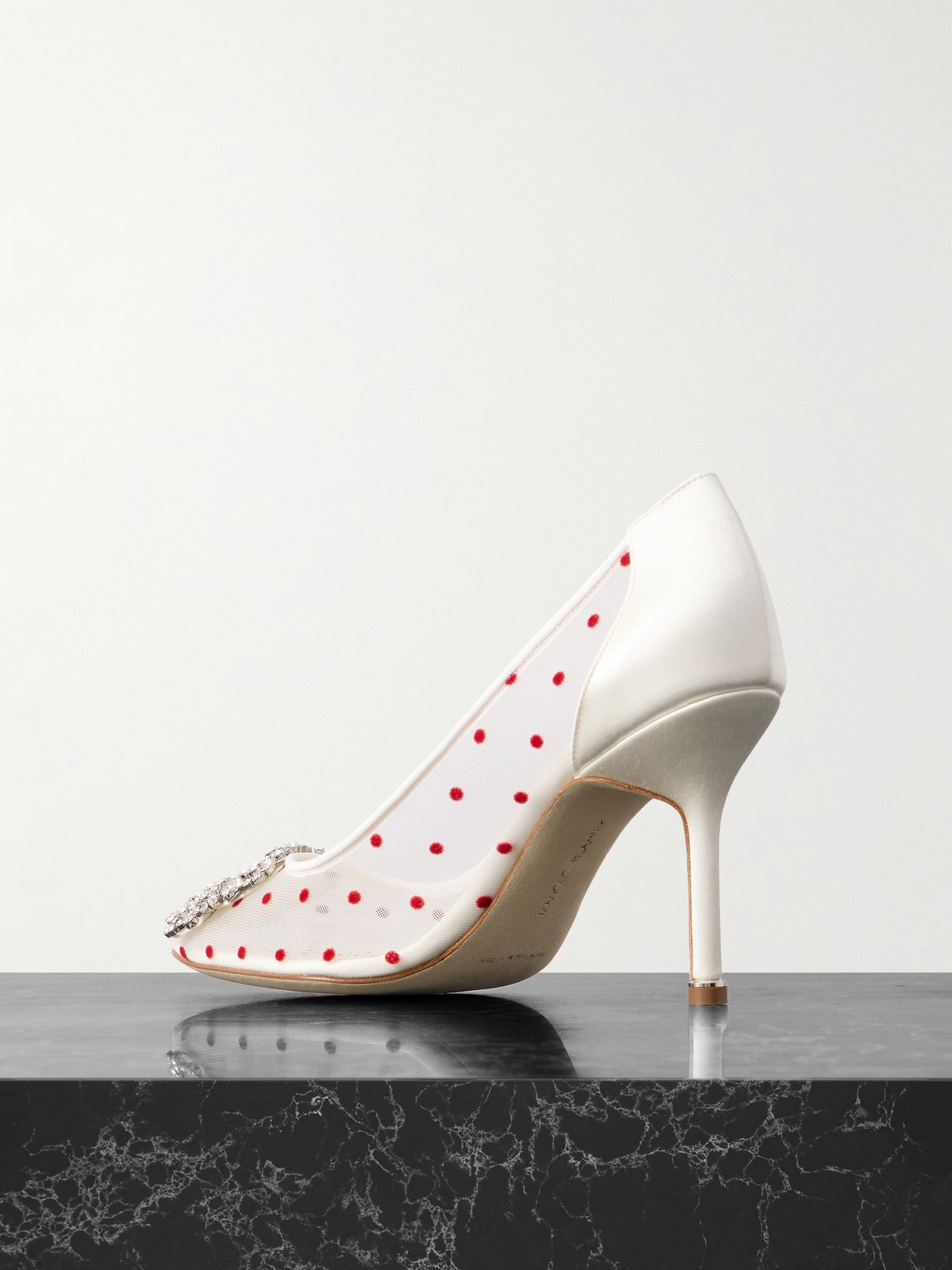 Manolo Blahnik Hangisi 90 Satin-trimmed Crystal-embellished Flocked Mesh Pumps