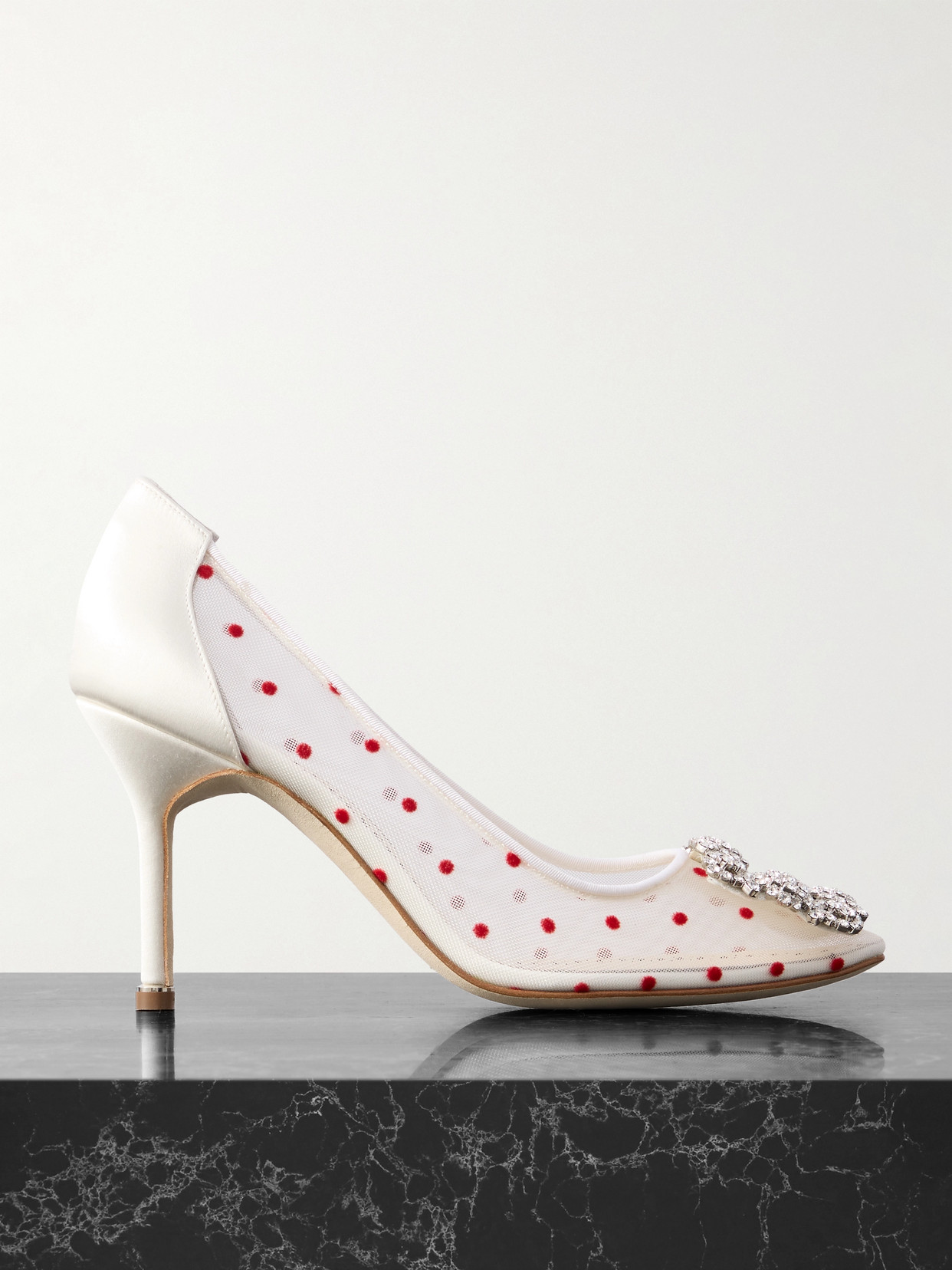 Manolo Blahnik Hangisi 90 Satin-trimmed Crystal-embellished Flocked Mesh Pumps