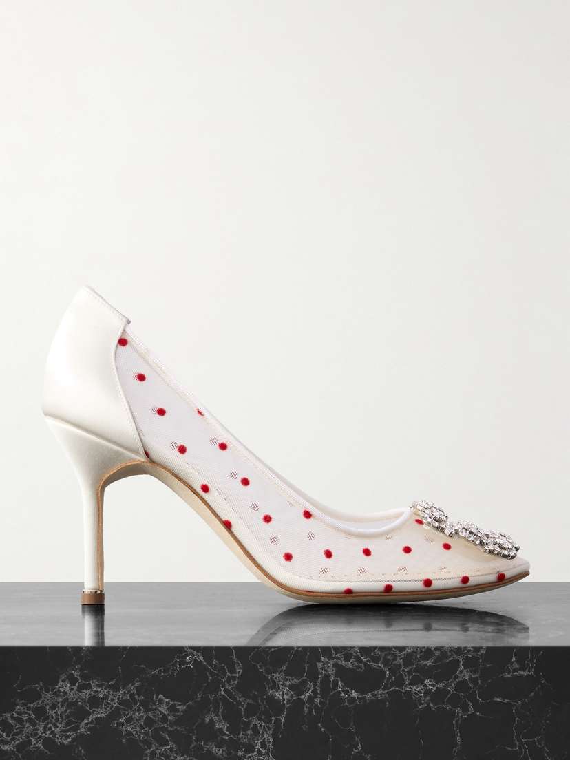 Manolo Blahnik Hangisi 90 Satin-trimmed Crystal-embellished Flocked Mesh Pumps