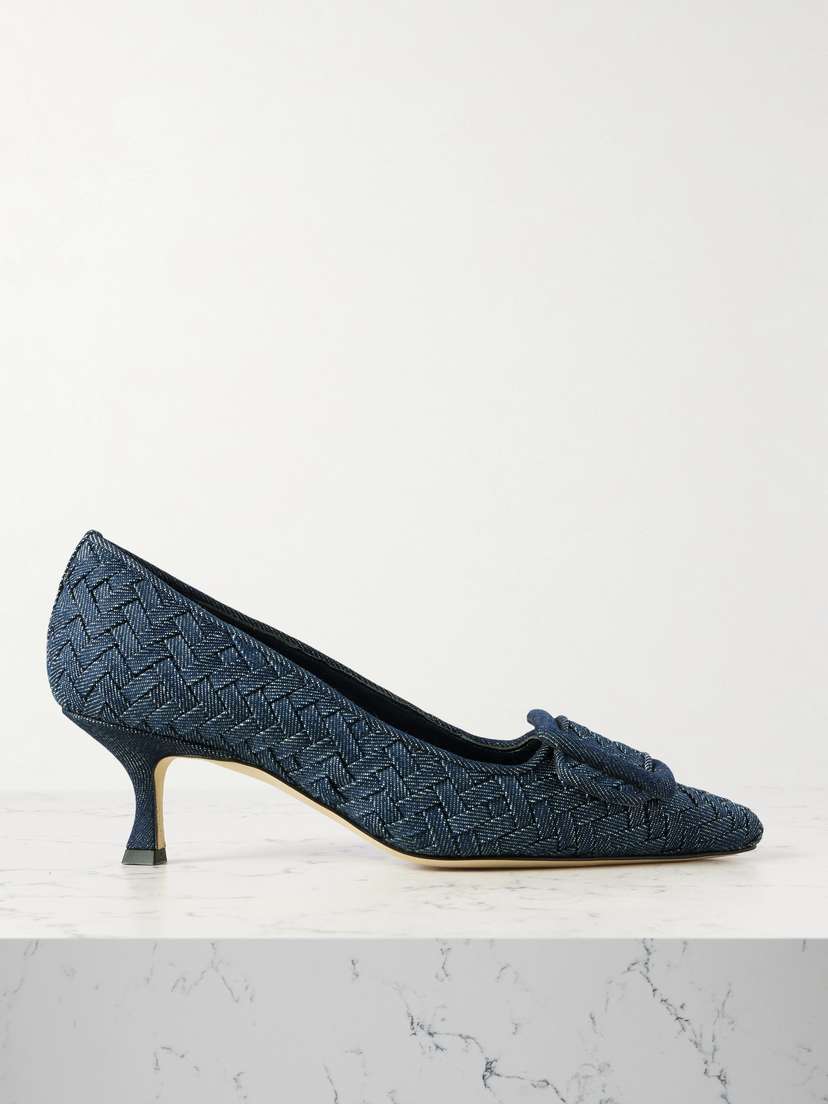 Manolo Blahnik Maysale 70 Buckled Woven Denim Pumps