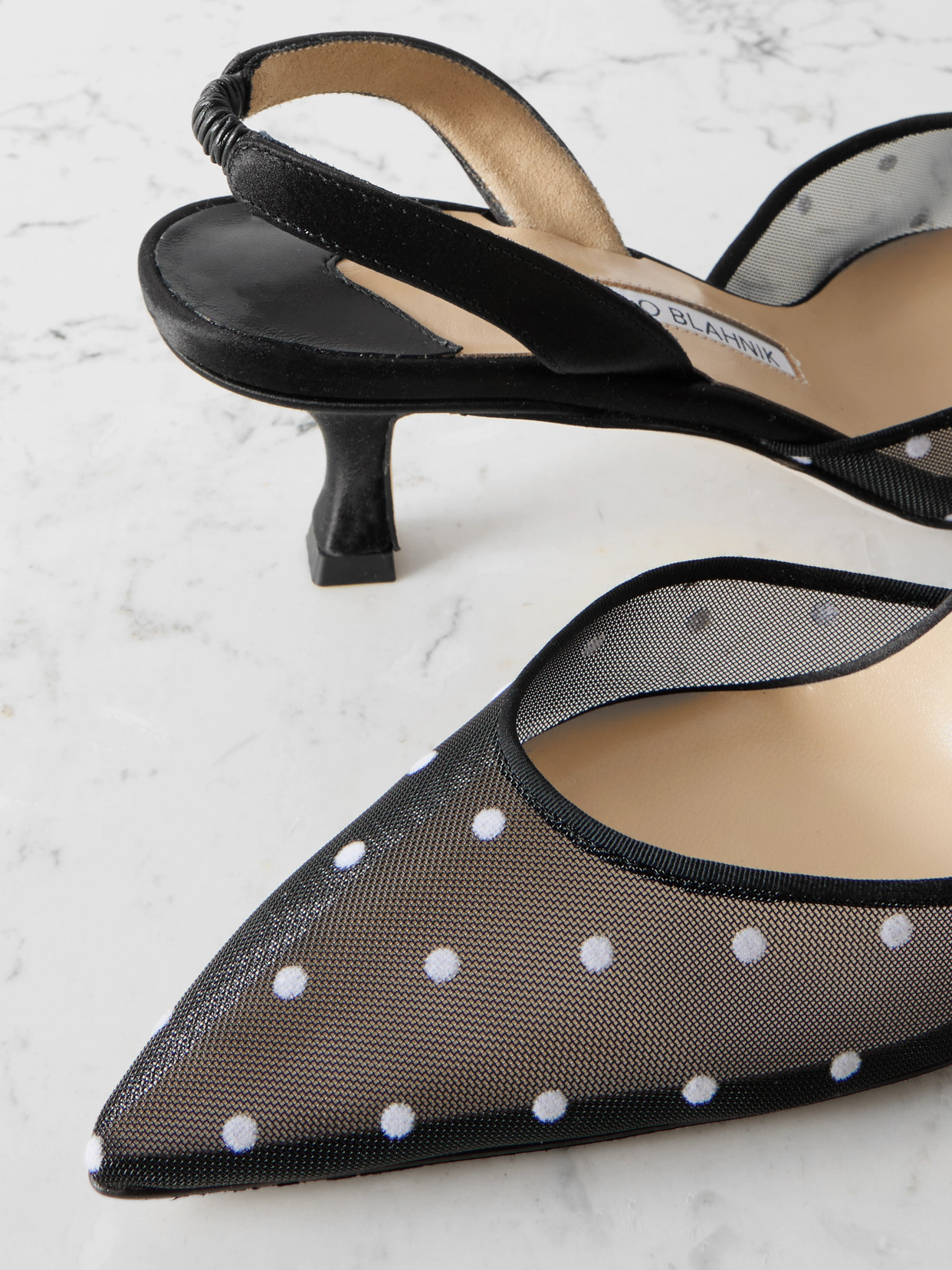 Manolo Blahnik Carolyne 50 Polka-dot Flocked Mesh And Satin Slingback Pumps