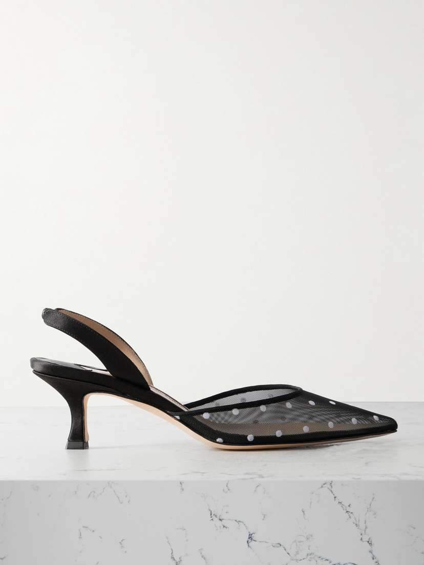Manolo Blahnik Carolyne 50 Polka-dot Flocked Mesh And Satin Slingback Pumps