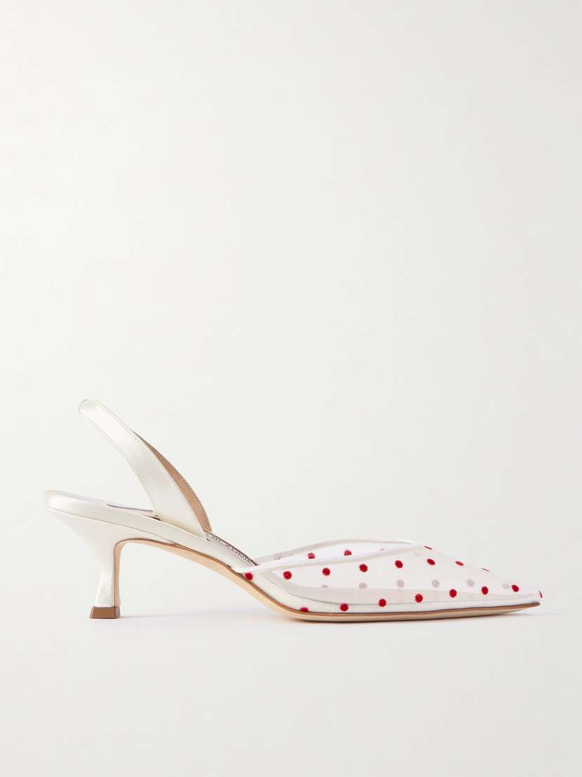 Manolo Blahnik Carolyne 50 Polka-dot Flocked Mesh And Satin Slingback Pumps