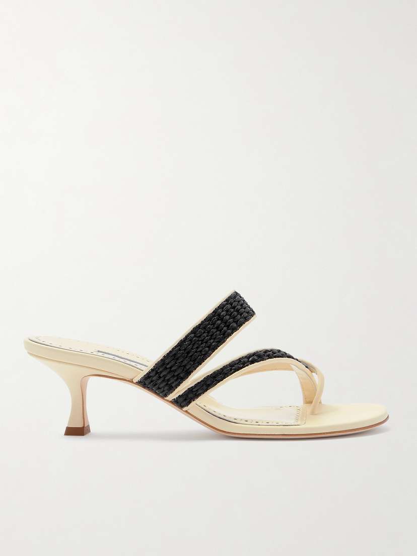 Manolo Blahnik Susa 50 Raffia-trimmed Leather Mules