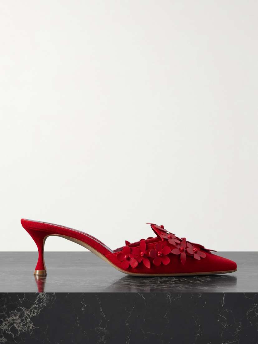 Manolo Blahnik Harnes 50 Appliquéd Suede Mules