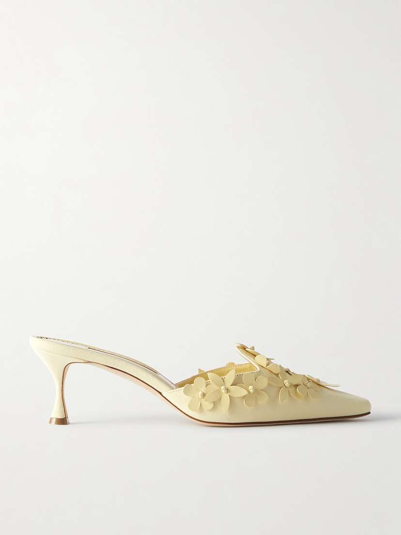 Manolo Blahnik Harnes 50 Appliquéd Suede Mules