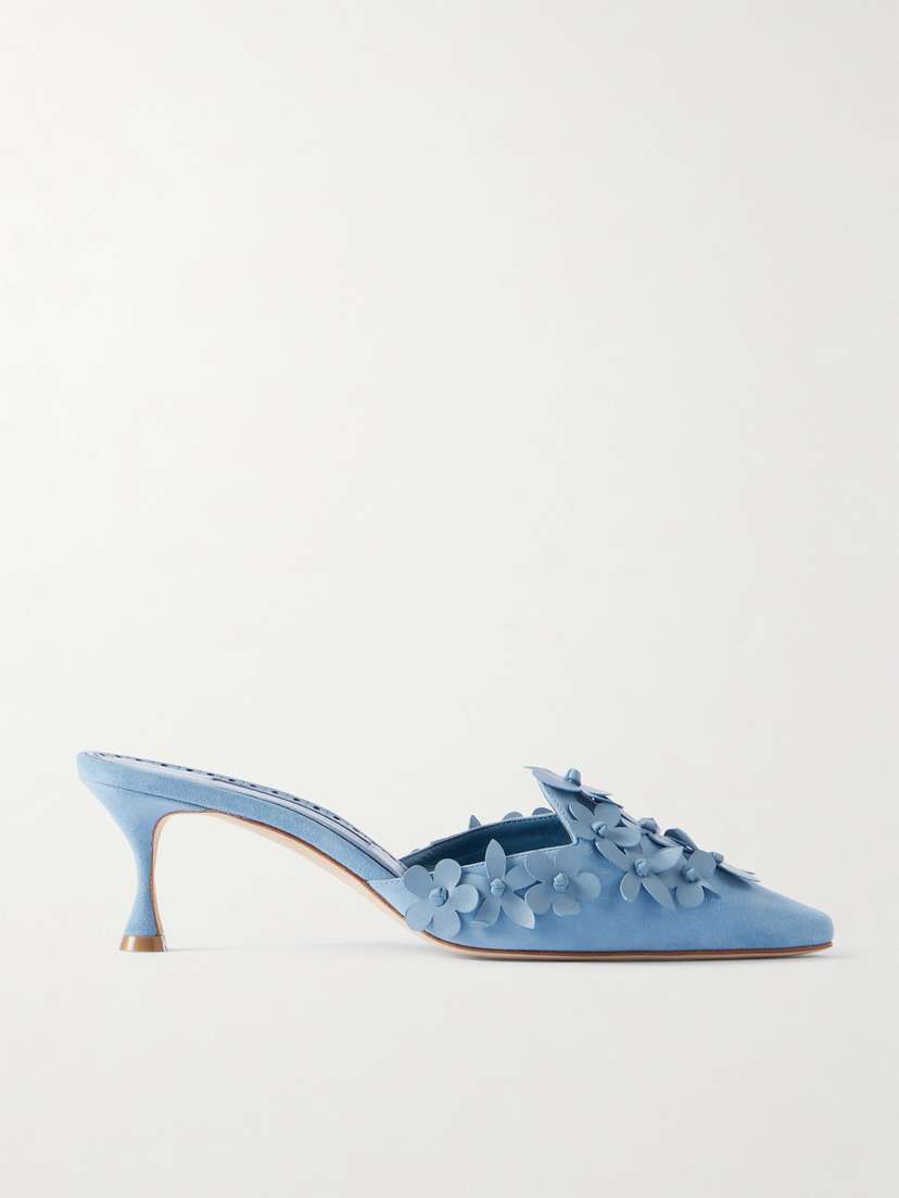 Manolo Blahnik Harnes 50 Appliquéd Suede Mules