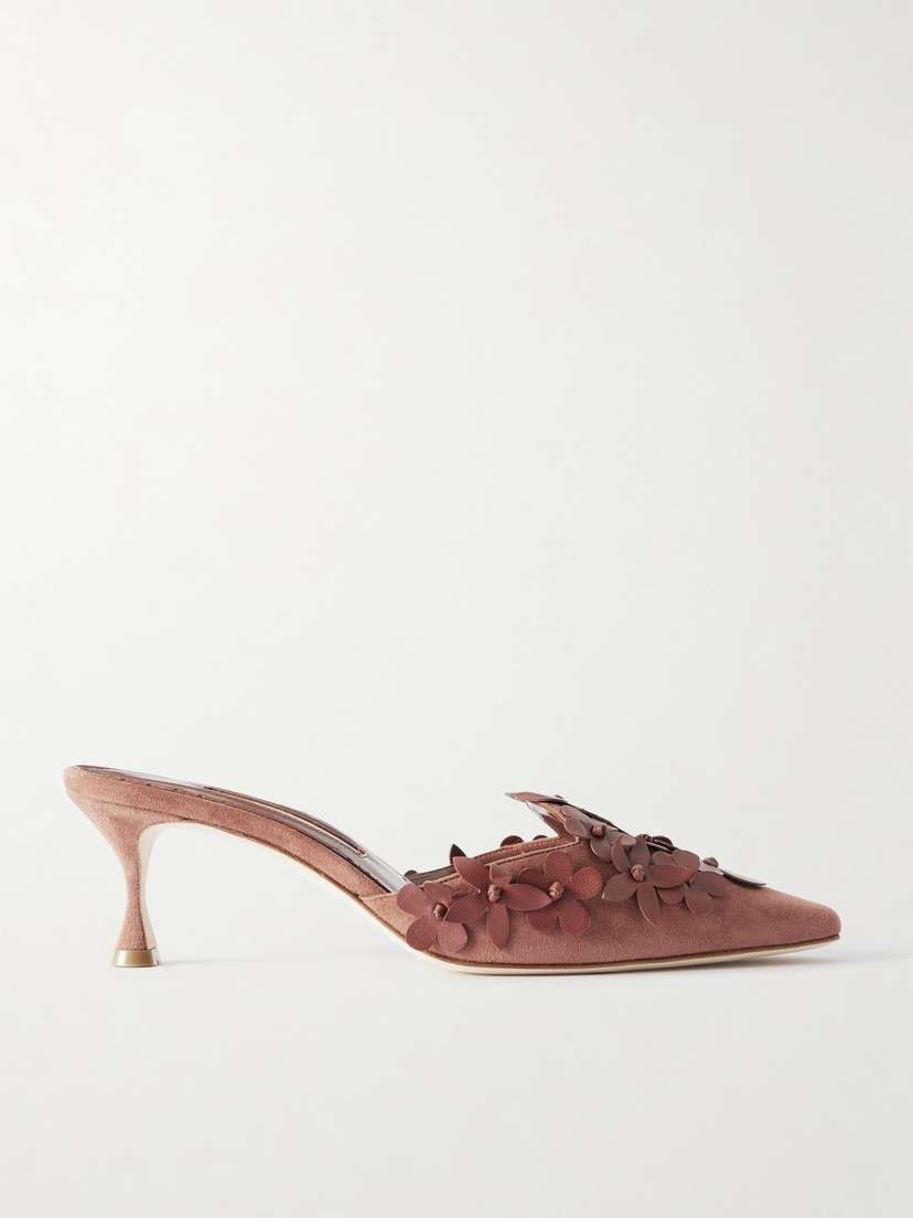 Manolo Blahnik Harnes 50 Appliquéd Suede Mules