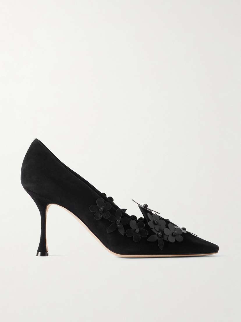 Manolo Blahnik Harneclo 90 Appliquéd Suede Pumps