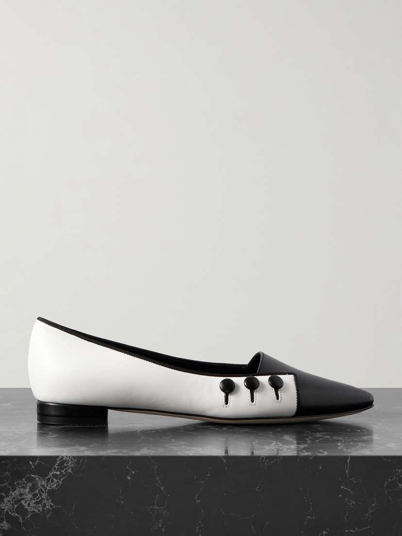 Manolo Blahnik Seleuka Button-embellished Leather Point-toe Flats