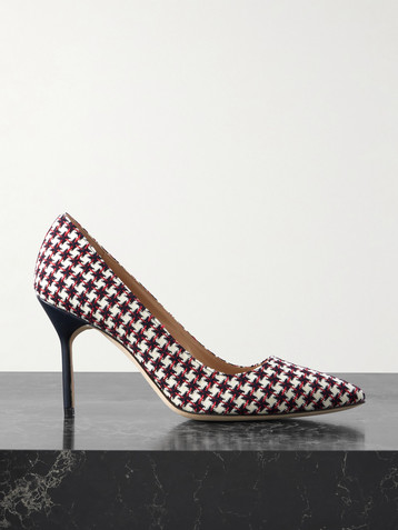 MANOLO BLAHNIK 90 leather-trimmed embroidered tweed pumps