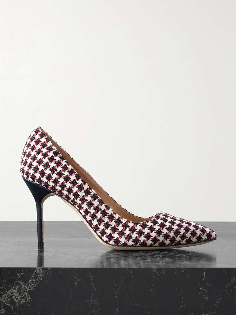 Manolo Blahnik 90 Leather-trimmed Embroidered Tweed Pumps