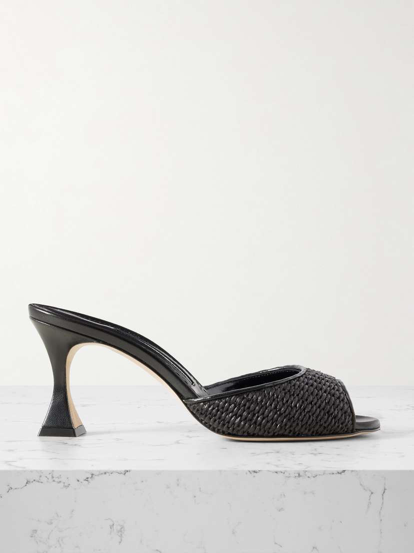 Manolo Blahnik Jadara 70 Leather-trimmed Raffia Mules