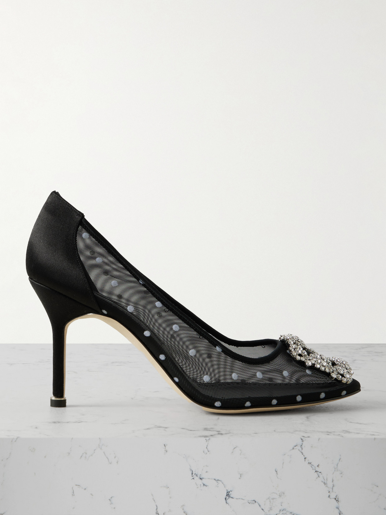 Manolo Blahnik - Hangisi 90 Satin-trimmed Crystal-embellished Flocked Mesh Pumps - Black