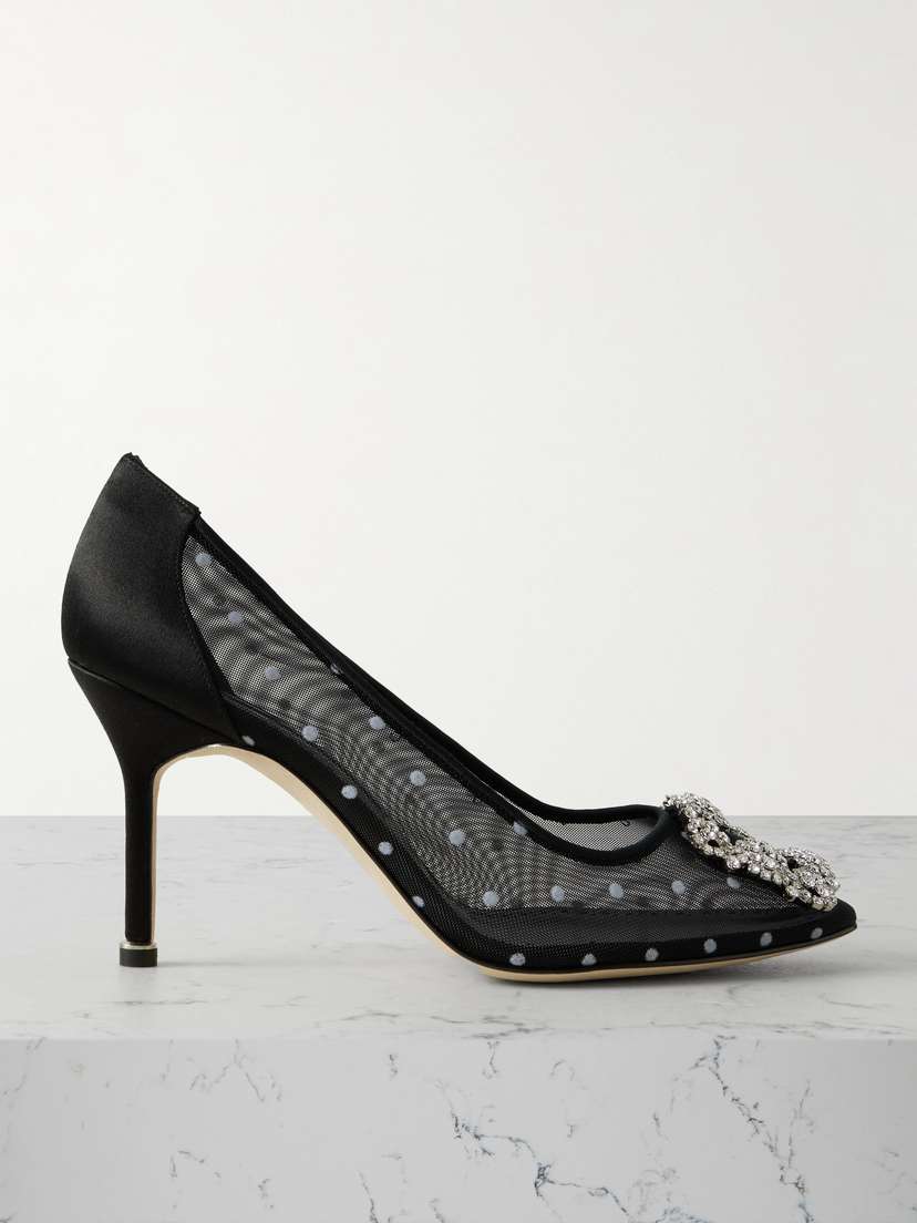 Manolo Blahnik Hangisi 90 Satin-trimmed Crystal-embellished Flocked Mesh Pumps