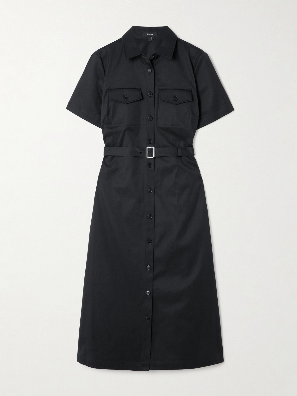 Theory Belted Cotton-blend Twill Midi Shirt Dress In Black