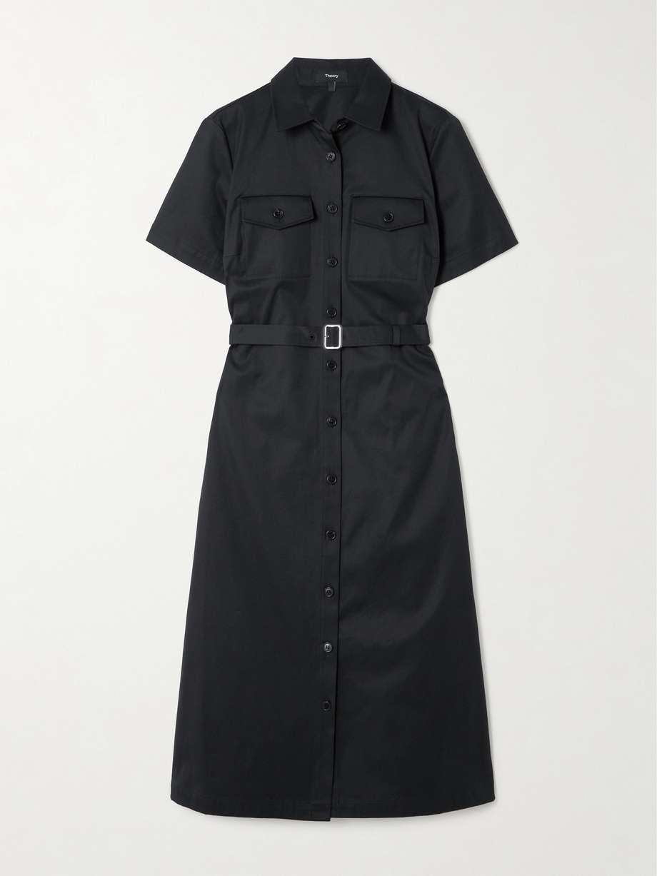 belted cotton-blend twill midi shirt dress