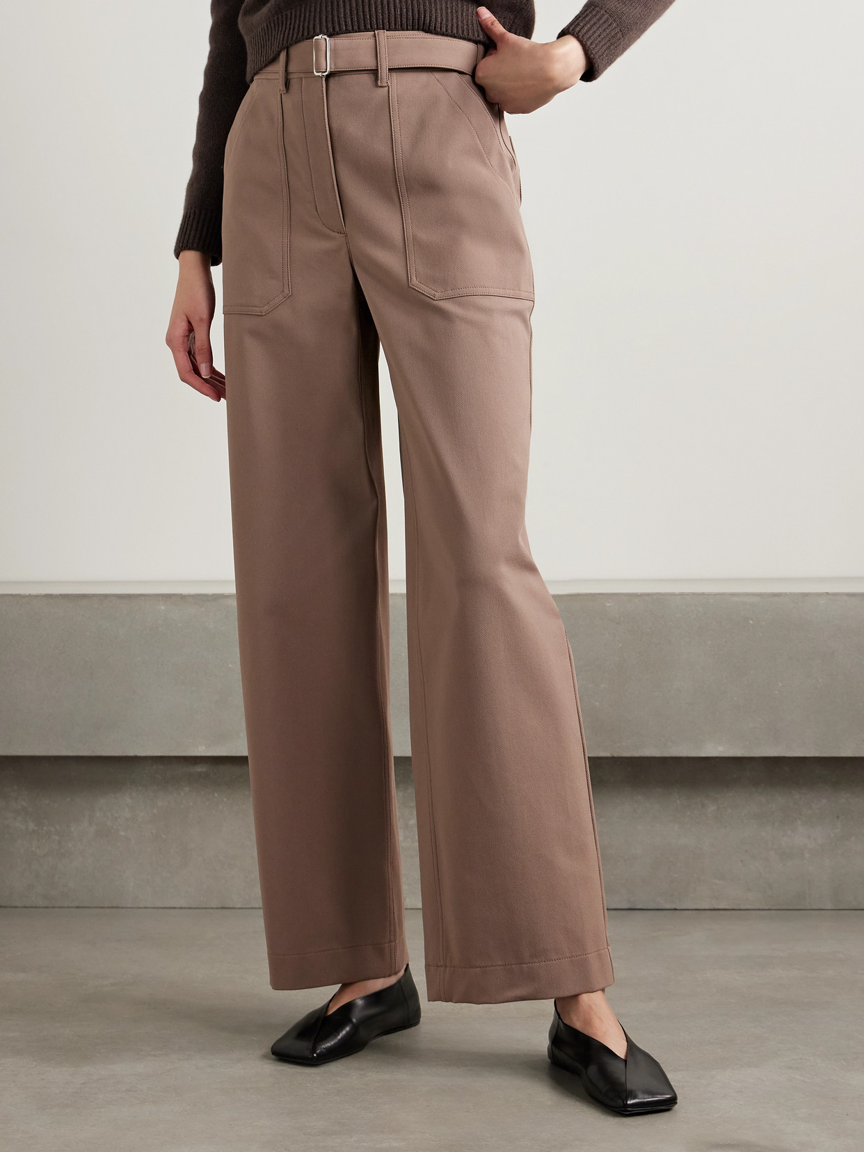 THEORY BELTED COTTON-BLEND TWILL STRAIGHT-LEG PANTS