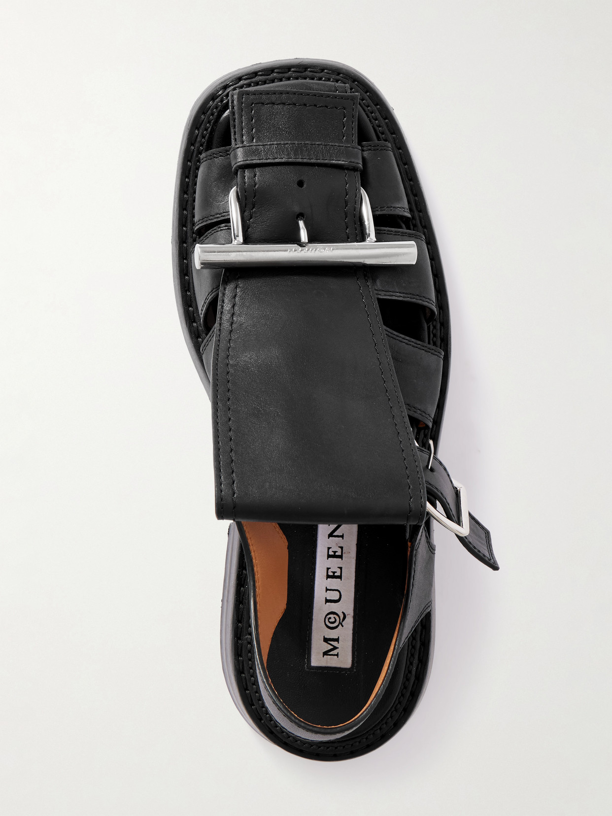 Alexander Mcqueen Round Toe Leather Sandals With Buckle Detail In Black