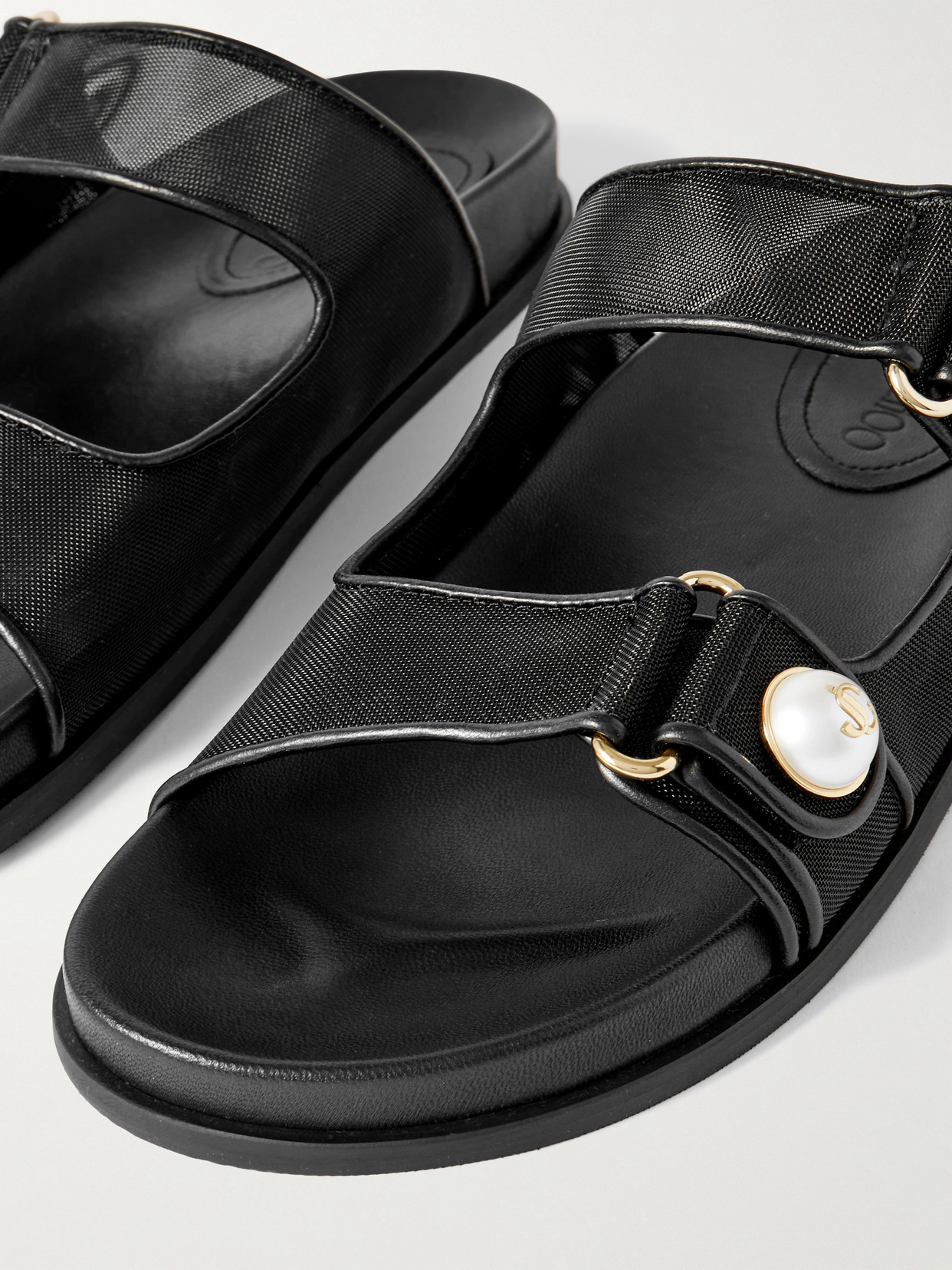 Jimmy Choo Fayence Leather-trimmed Faux Pearl-embellished Mesh Slides