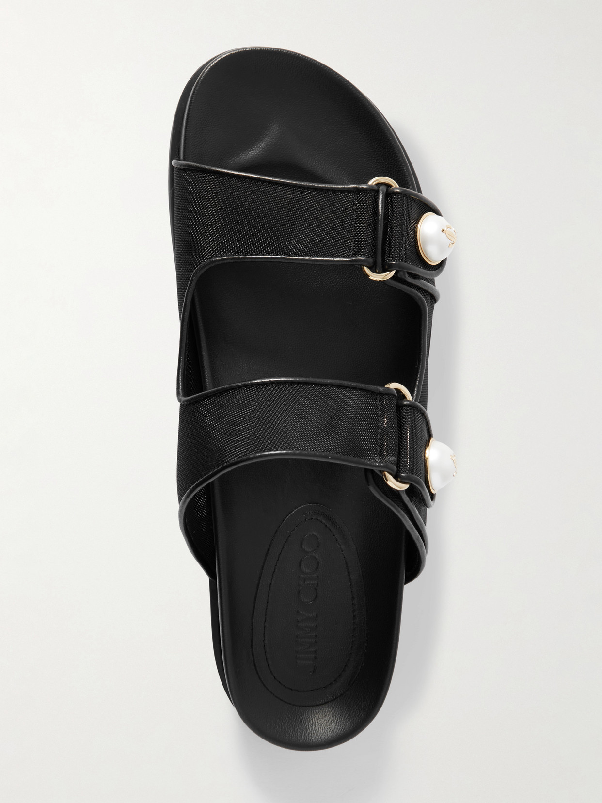Jimmy Choo Fayence Leather-trimmed Faux Pearl-embellished Mesh Slides